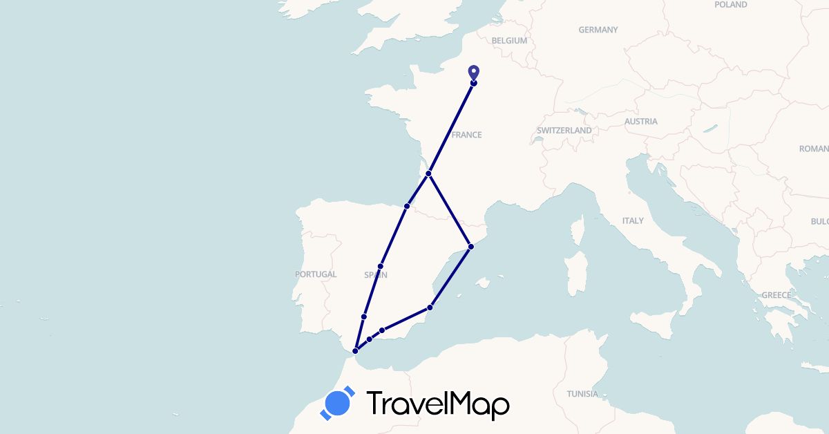 TravelMap itinerary: driving in Spain, France, Gibraltar (Europe)